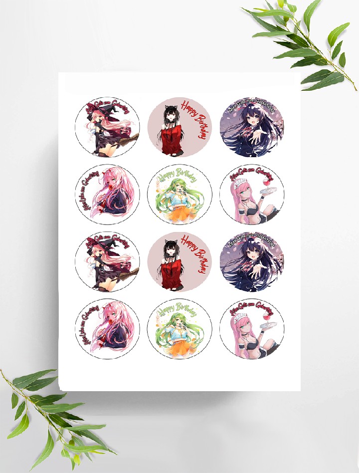 Anime Manga 12 Muffinaufleger ca. 6 cm zum selbst ausscheiden,  mit (30) weiteren Motiven